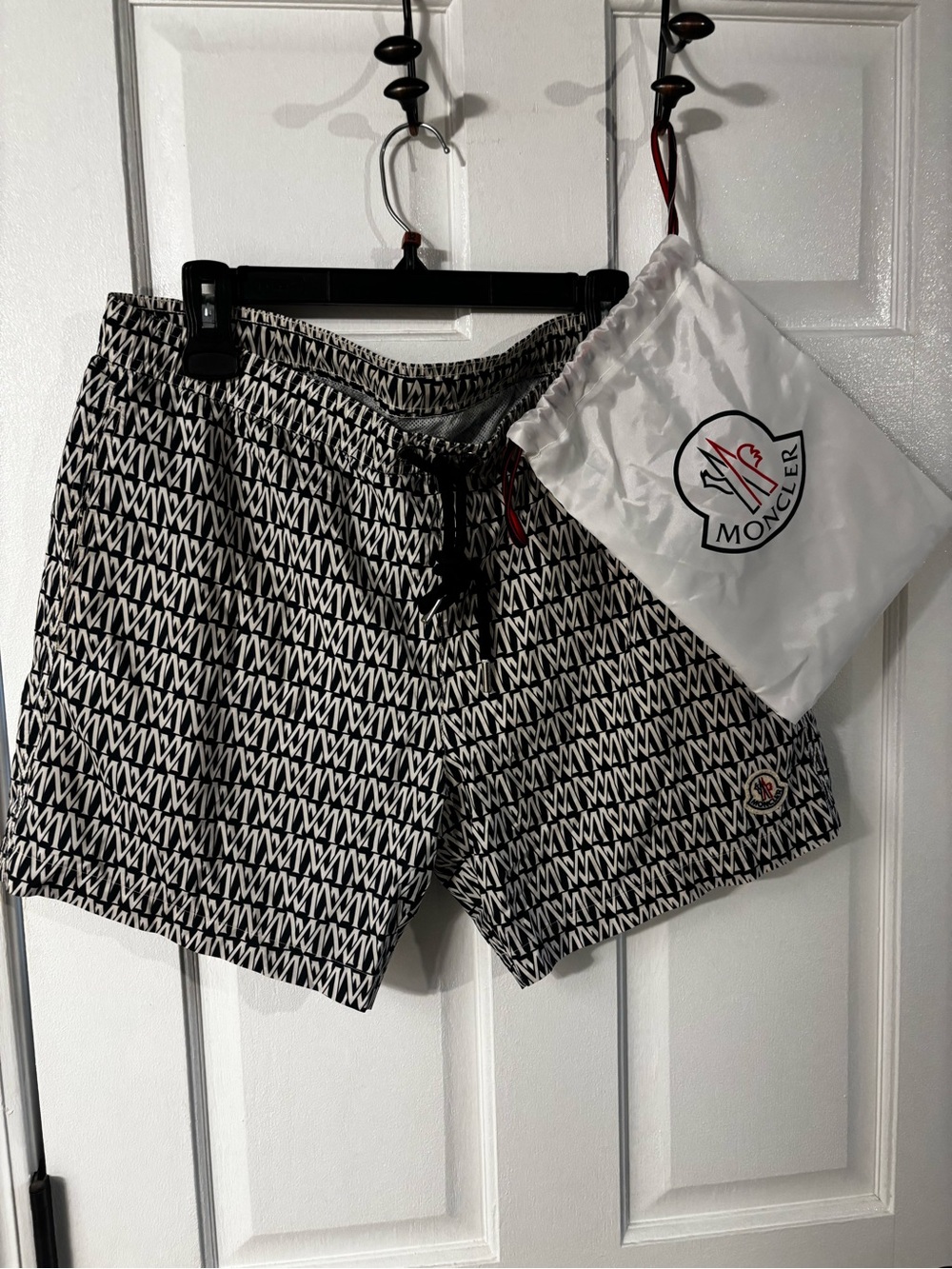 Moncler Black & White All-Over Logo Swim Shorts